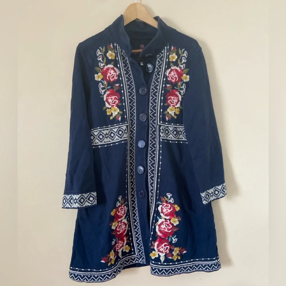Johnny Was Floral Embroidered Cross Stitched Navy Cotton Military Jacket Medium - Picture 2 of 12